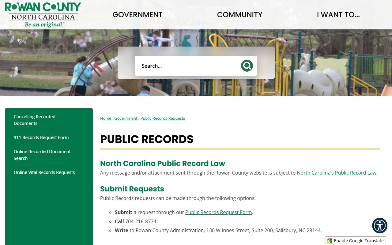 Rowan County Clerk of Superior Court public records request routing