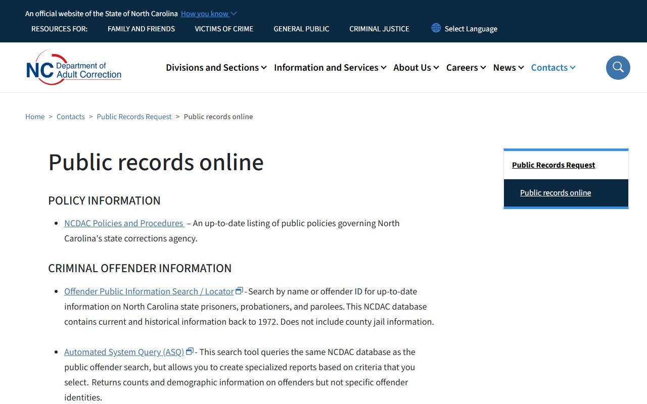 Rowan County inmate records N.C. DAC public records online request page