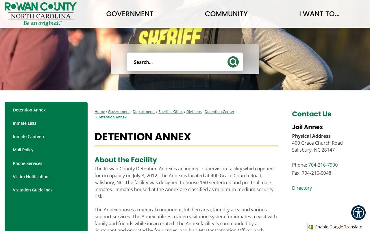 Rowan County inmate search Detention Annex official page