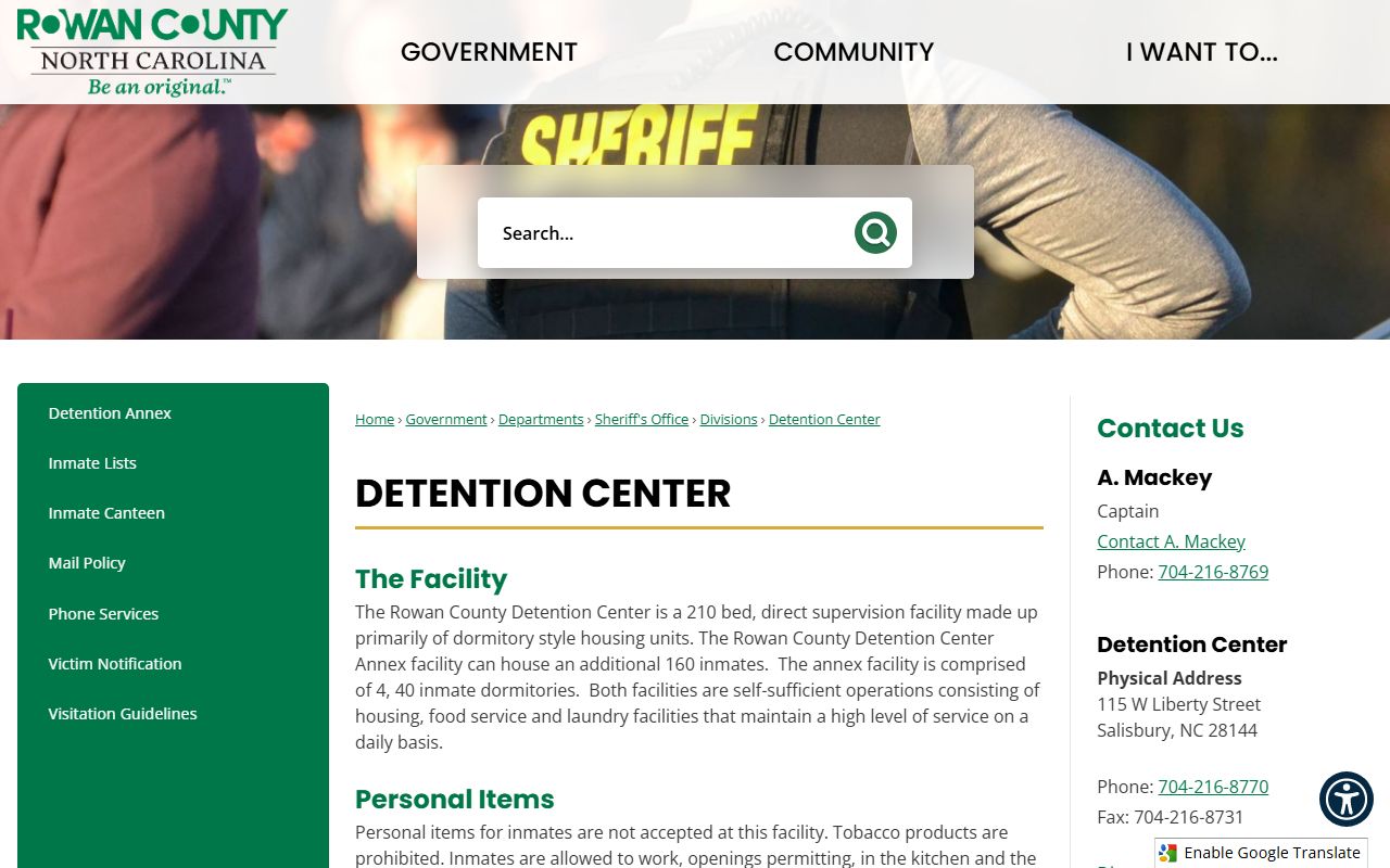 Rowan County inmate records Detention Center official page