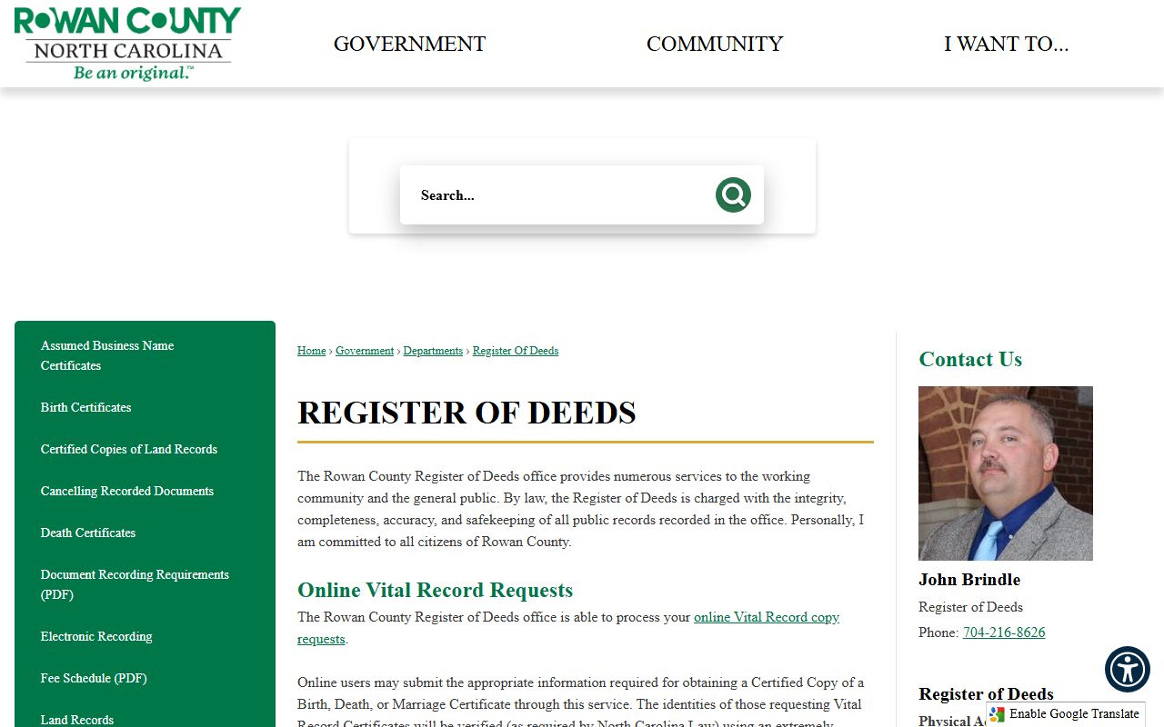 Rowan County marriage records Register of Deeds page