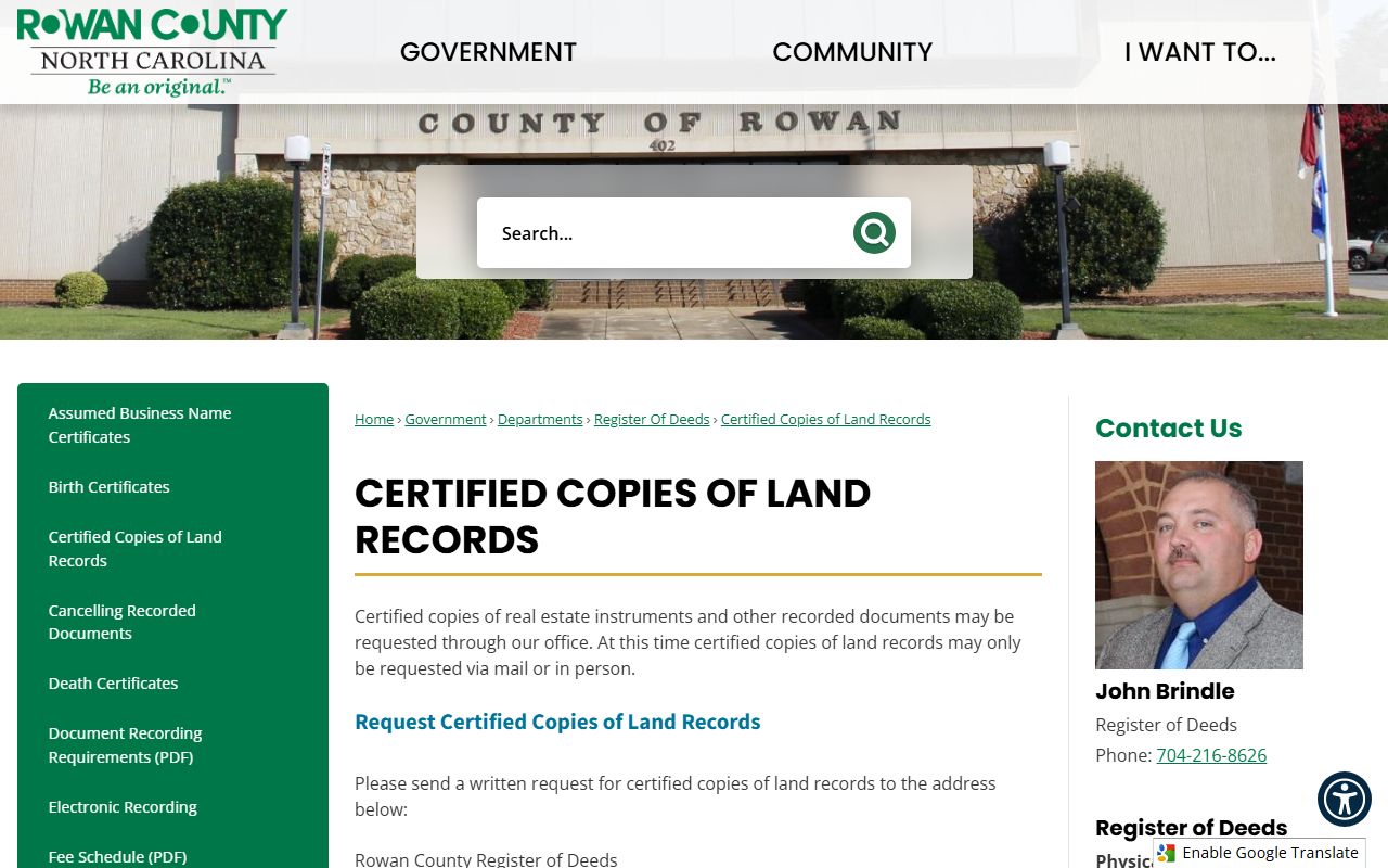 Rowan County probate records certified copies of land records