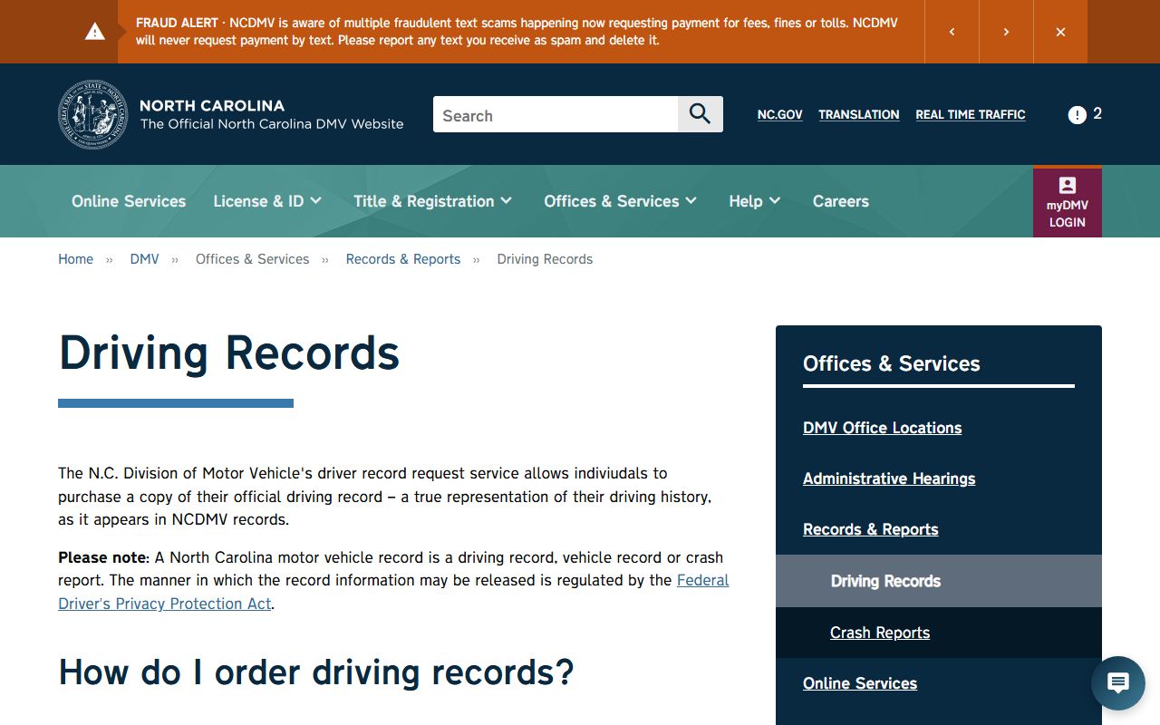 Rowan County traffic court records NCDMV driving record request page