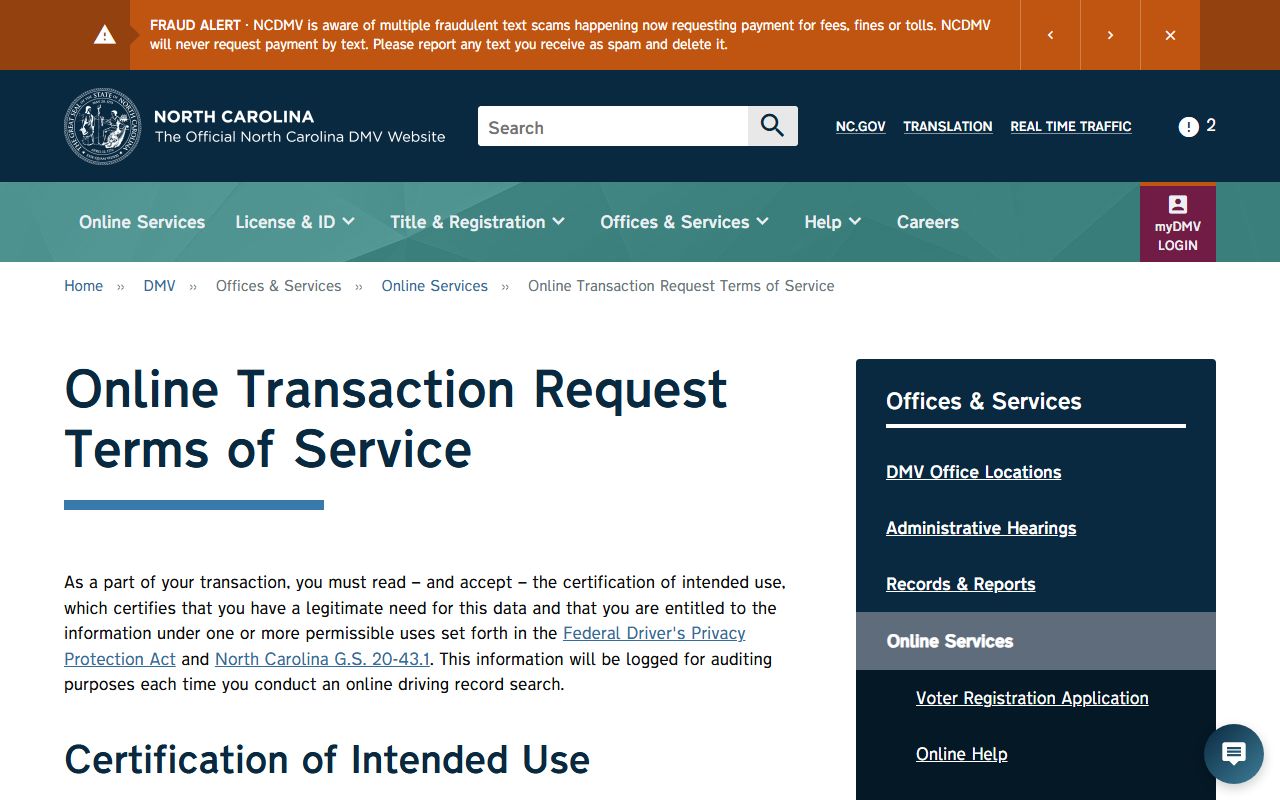 Rowan County traffic court records NCDMV driving record terms of service