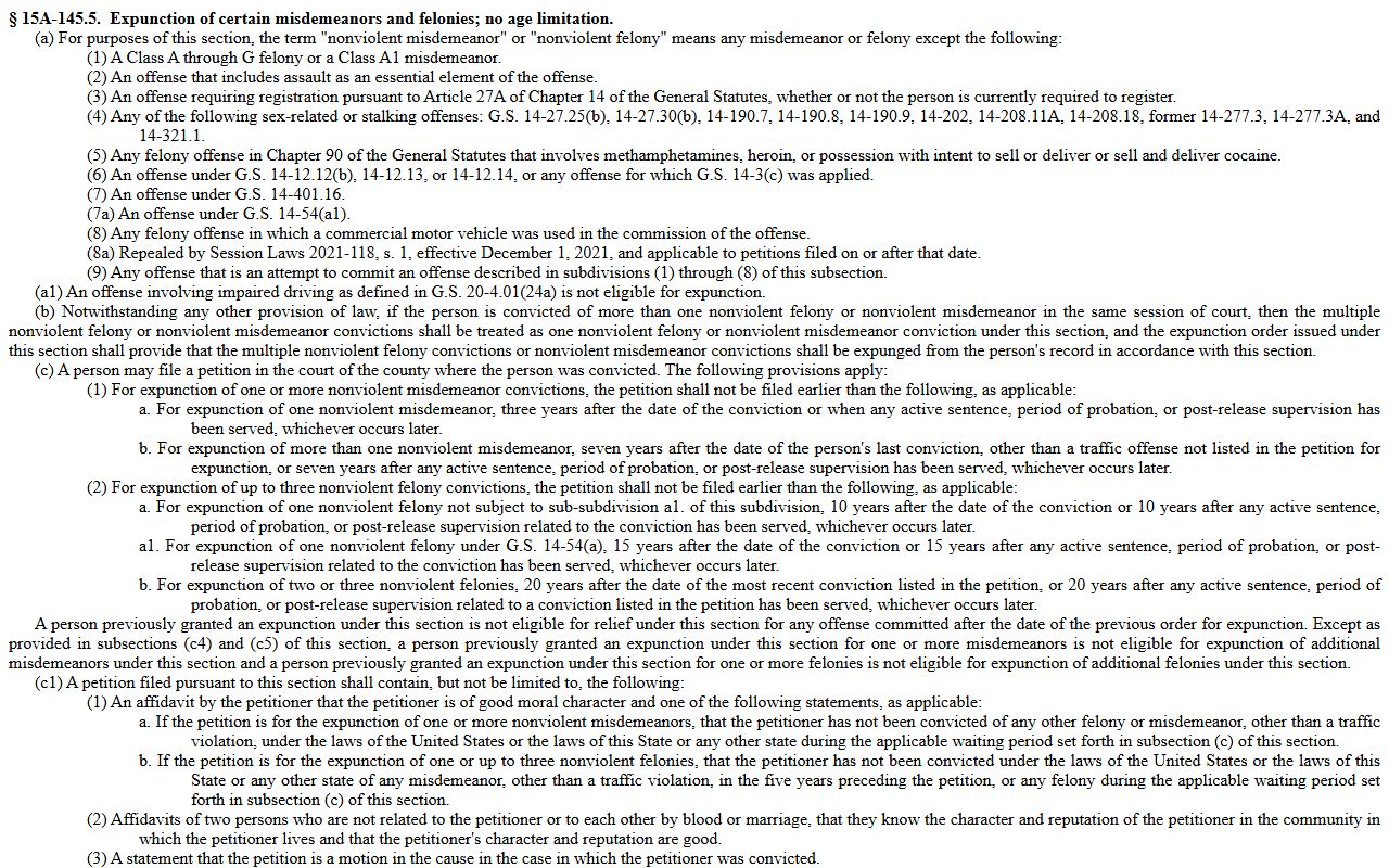 Rowan County traffic court records N.C.G.S. 15A-145.5 expunction statute